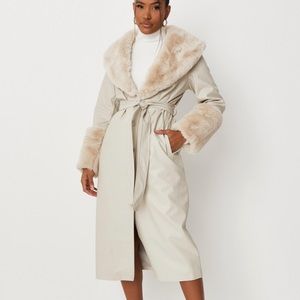 Carli Bybel…Stone faux fur trim leather jacket size 2